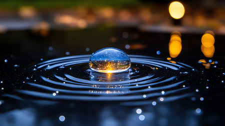 Water drop falling on water surface with colorful bokeh background.の素材