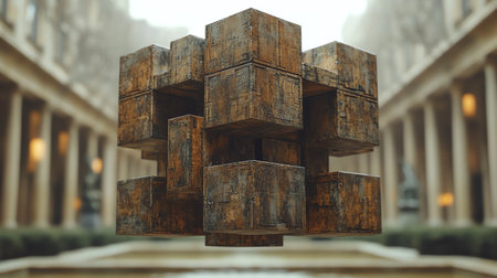 3d render of wooden cubes in the shape of a tower.の素材