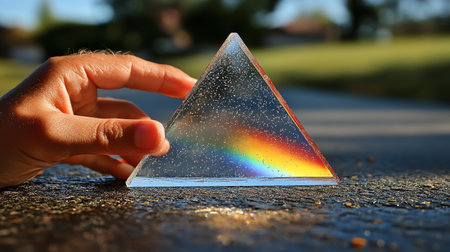 A woman's hand holds a transparent glass pyramid on the street.の素材