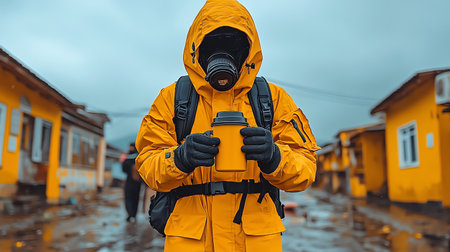 Man in a yellow raincoat with a thermos in his hands.の素材