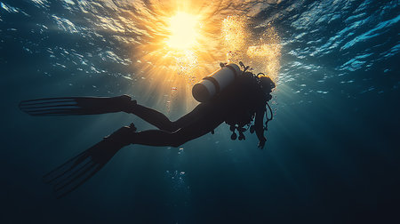 Scuba diver in the deep blue sea. Underwater photography.の素材