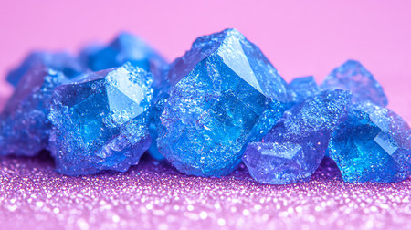 Blue crystals on a pink background. Macro shot with shallow depth of fieldの素材