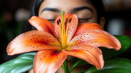Close up of a beautiful asian woman with lily flower.の素材