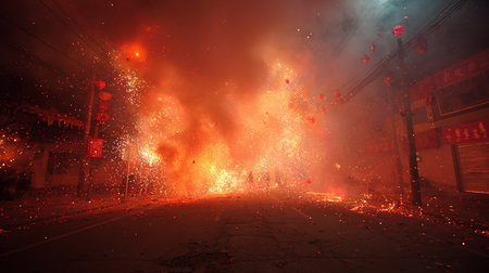 Chinese new year celebration, fire and red lanterns in the streetの素材