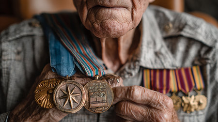 Close up of an old woman with a medal in her hands.の素材