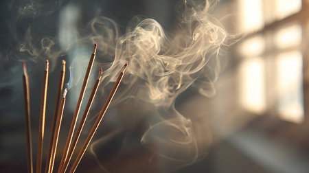 Incense sticks with smoke in a Buddhist temple, close-upの素材