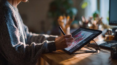 Close-up of a young woman using a digital tablet at homeの素材