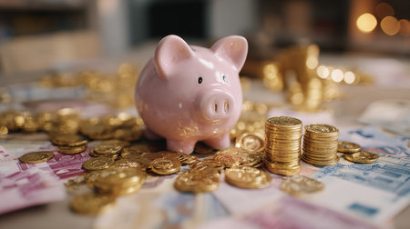 Piggy bank with coins and banknotes on the table.の素材