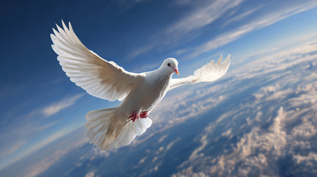 Flying white dove in the blue sky with white clouds. Freedom conceptの素材
