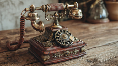Retro telephone on old wooden table. Vintage telephone on wooden backgroundの素材