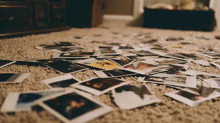 Pile of old photos lying on carpet in living room at homeの素材