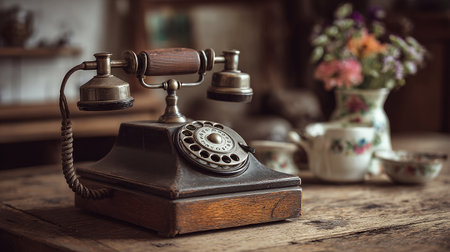 Vintage telephone on the table in coffee shop,vintage styleの素材