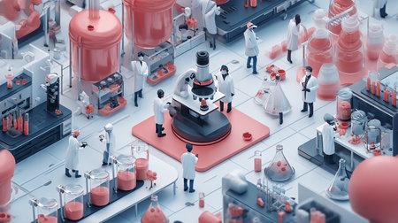 Science Research and Development Concept. 3D Rendering. Group of Scientists in Laboratoryの素材