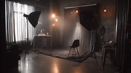 Interior photo studio with professional equipment and lighting equipment in dark roomの素材