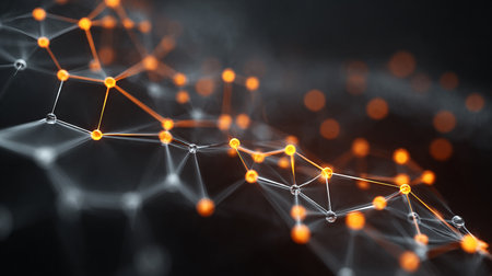 3D rendering of a network of connected lines and dots in orange colorsの素材