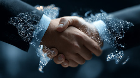 Close up of handshake of two businessmen on dark background 3D renderingの素材