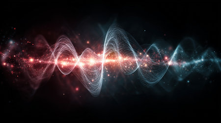 Futuristic technology wave background design with lights and bokehの素材