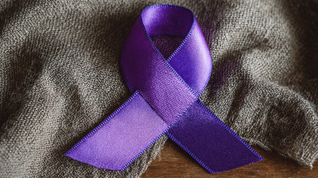 Purple ribbon on grey fabric background. Cancer Awareness Month concept.の素材
