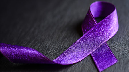 Purple ribbon on black background. Symbol of World Cancer Day.の素材