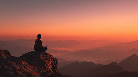 Silhouette of a man meditating on top of a mountain at sunriseの素材