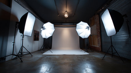 Photo studio with lighting equipment and lighting equipment. 3d rendering.の素材