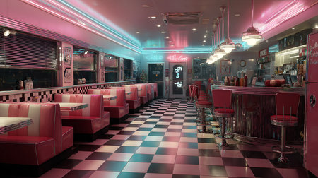 Interior of a night club with red and pink tables and chairsの素材