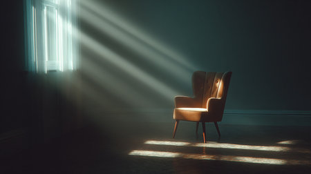 A chair in the dark room with a bright beam of light.の素材