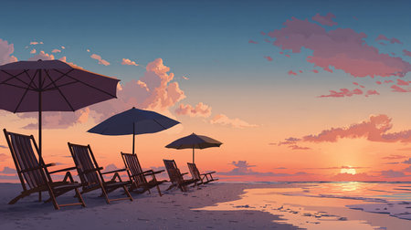 Beach chairs and umbrellas at sunset. Vector illustration.の素材