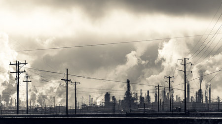 Industrial landscape with power plant and cloudy sky. Toned.の素材