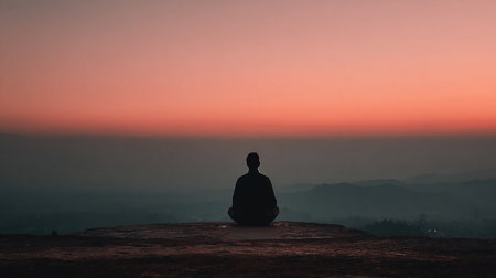 Silhouette of a man sitting on the top of the mountain and watching the sunrise.の素材