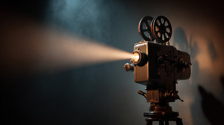 Old movie projector with light beam on dark background. 3D Renderingの素材