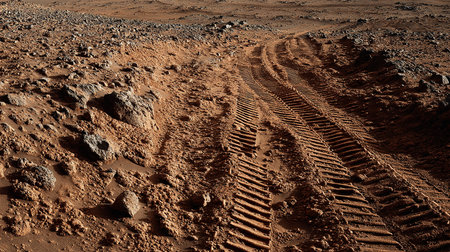 Wheel tracks on the soil in the desert. Tractor tracks on the soil.の素材