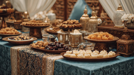 Table with different kinds of sweets and candies for the wedding partyの素材