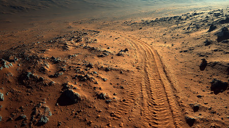 Wheel tracks on the surface of the planet Mars. 3d renderの素材