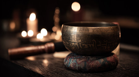 Buddhist tibetan singing bowl on a wooden table.の素材