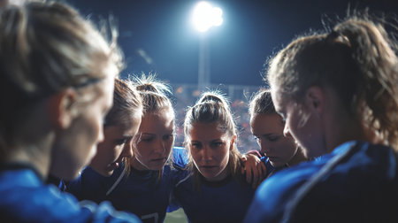 Group of young female soccer players looking at camera during a soccer matchの素材