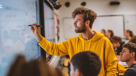 Rear view of a male teacher writing on a flipchart during a lecture in a classroomの素材