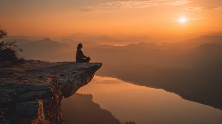 Silhouette of a woman sitting on the edge of a cliff and meditating.の素材