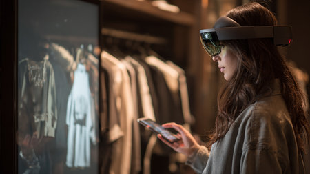 Young woman wearing virtual reality glasses and using a smartphone in a clothing storeの素材