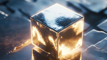 3d rendering of a golden cube on a metal surface with reflectionの素材