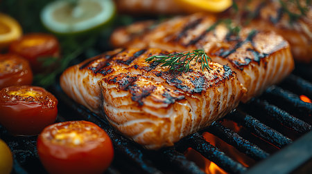 Grilled salmon fillet with lemon and tomatoes on the grill.の素材