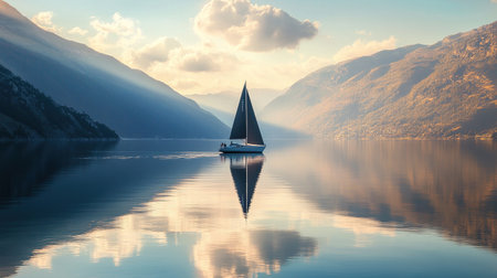 Sailing boat on the fjord in Norway at sunset.の素材