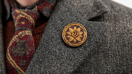 Close-up of a button on the collar of a man's jacketの素材