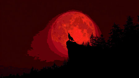 Silhouette of a wolf on the background of the full moonの素材