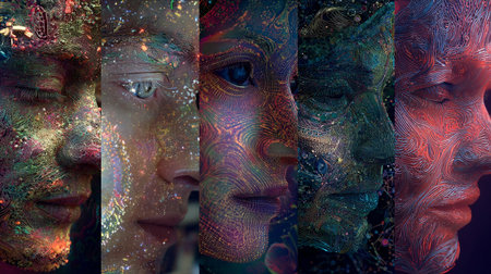 Collage of portraits of beautiful woman with multicolored makeup.の素材