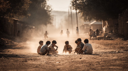 Bagan, Myanmar - Feb 7, 2016. A group of children playing on the ground in Bagan, Myanmar.の素材