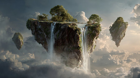 Fantasy landscape with mountain and waterfall. 3d render illustration.の素材