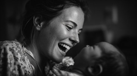 Portrait of a happy mother with her newborn baby. Black and white photo.の素材