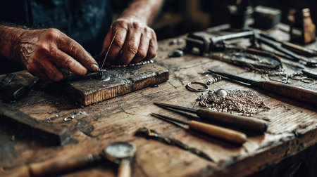 Close-up of the hands of a jeweler working in his workshopの素材