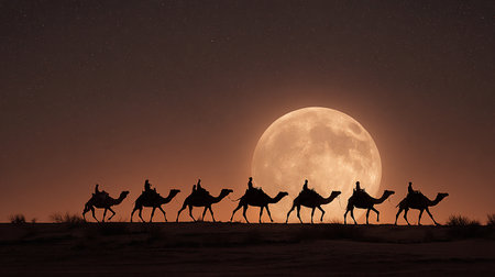 Camel caravan in the Arabian desert at night with full moon.の素材